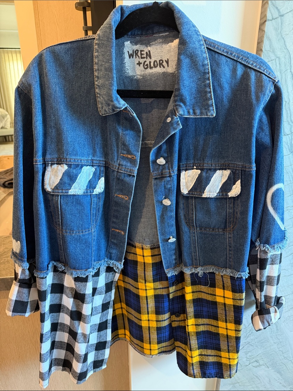 Wren + Glory Blue Denim & Yellow Plaid Mixed-Media Jean Jacket